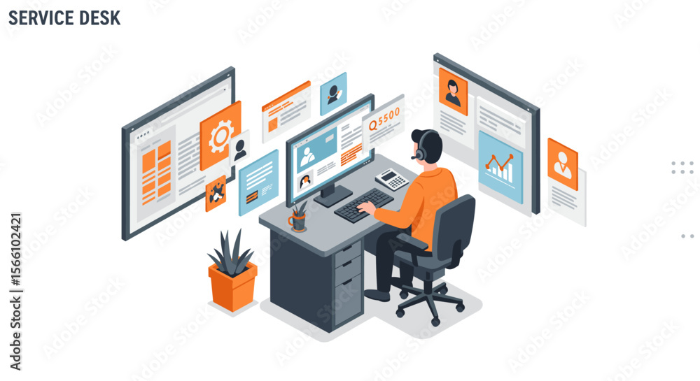 Customer support service desk vector illustration for business technology design in isometric style Customer support service desk vector illustration for business technology design in isometric style
