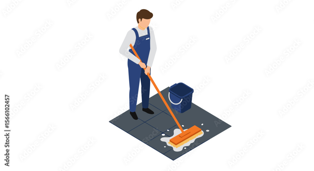 Isometric vector illustration of professional floor cleaning for home maintenance design Isometric vector illustration of professional floor cleaning for home maintenance design