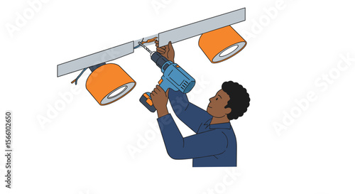 Home improvement vector illustration: installing ceiling lamps, flat style design for diy guide