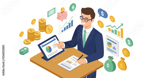 Financial advisor guidance vector illustration for business strategy design in isometric style