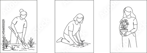 Gardening illustration set of woman planting flowers and digging soil for web and print design vector vector illustration