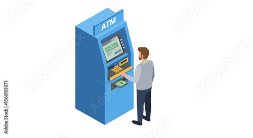 Isometric vector illustration of man using atm for banking transaction design