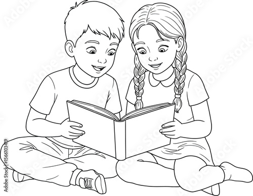 Children reading book together outline illustration for coloring page educational kids activity vector illustration