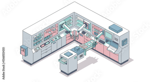 Isometric vector illustration of a futuristic robotic kitchen for modern interior design