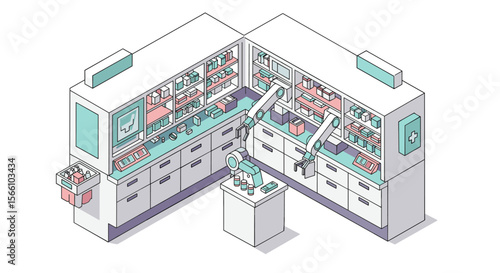 Futuristic pharmacy vector illustration with isometric robotic automation for healthcare design