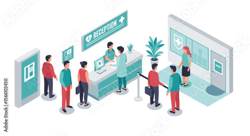 Isometric hospital reception vector illustration for healthcare design