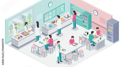 Hospital cafeteria scene vector illustration: isometric medical staff dining art for design and print