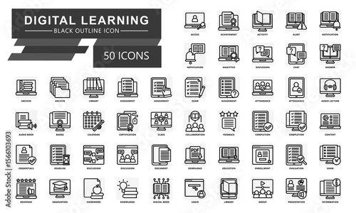 Digital learning black outline icons set. contain access, alert, analytics, archive, library, exam, class, knowledge, graduation and more. Vector for modern concept, UI, UX, web and app development.