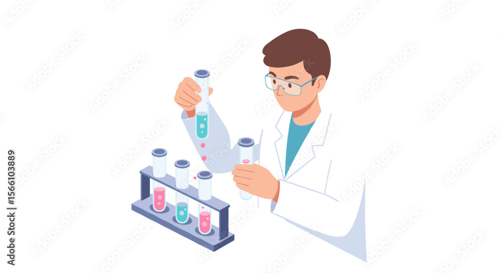 Scientist in laboratory experiment vector illustration for science education and research in flat style Scientist in laboratory experiment vector illustration for science education and research in flat style