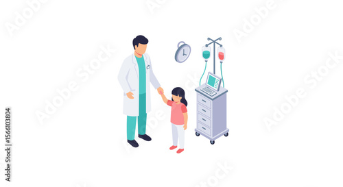 Medical care vector illustration: doctor and child in isometric style for educational design