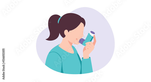 Young woman using inhaler for asthma relief vector illustration - health awareness design in flat style