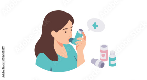 Asthma care concept: vector illustration of inhaler use for respiratory health awareness