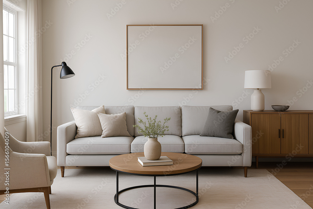 Fototapeta premium Modern Minimalist Living Room Interior with Neutral Tones (Virtual Background)