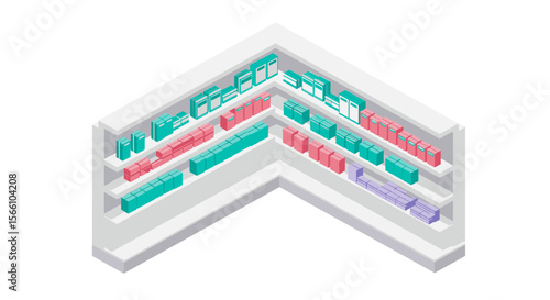 Isometric supermarket aisle vector illustration for retail design and stock layouts
