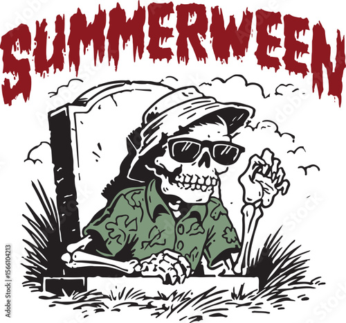 Summerween – Skeleton rising from grave in Hawaiian shirt, Halloween meets summer in spooky retro art for t-shirts and sublimation