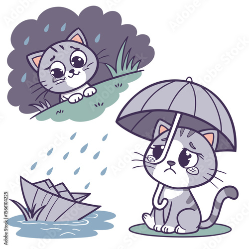 Sad cats in rain with umbrella and sinking boat kitten