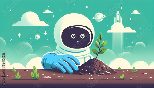 Cartoon illustration of a child wearing a spacesuit planting a tree on the moon