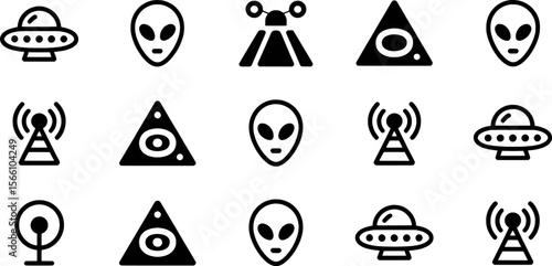 Alien spaceship and communication tower icons extraterrestrial