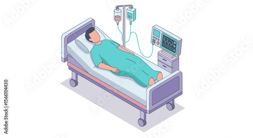 Hospital room scene: patient in hospital bed vector illustration in isometric style