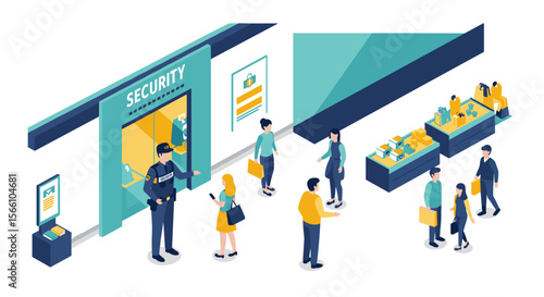 Isometric supermarket security vector illustration for retail design and marketing