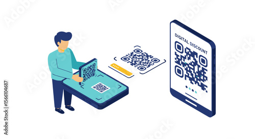 Digital discount interaction: isometric vector illustration for mobile payment and qr code scanning design
