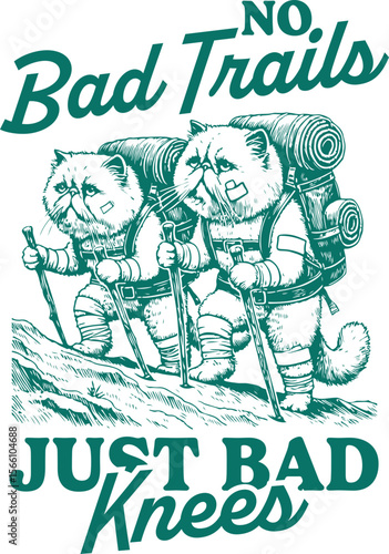 No Bad Trails Just Bad Knees – Two grumpy cats hiking up mountain trail, funny outdoors parody art for cat lovers and camping fans