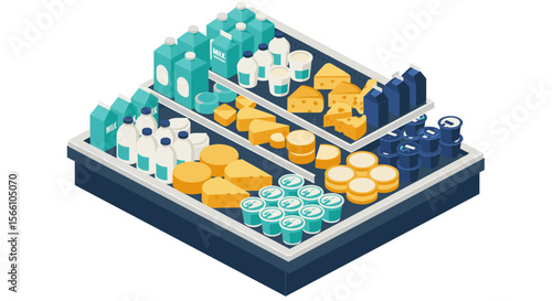 Isometric supermarket dairy section vector illustration for print and poster design