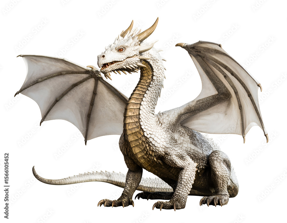 Obraz premium A majestic white fantasy dragon with golden accents sits powerfully, its wings spread slightly, gazing intently.