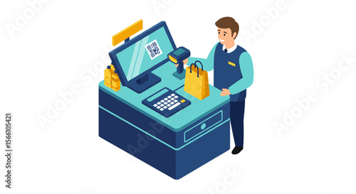 Checkout counter vector illustration: retail shopping concept in isometric style for design and marketing