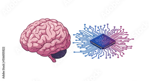 Human brain and microchip vector illustration - conceptualizing technology integration
