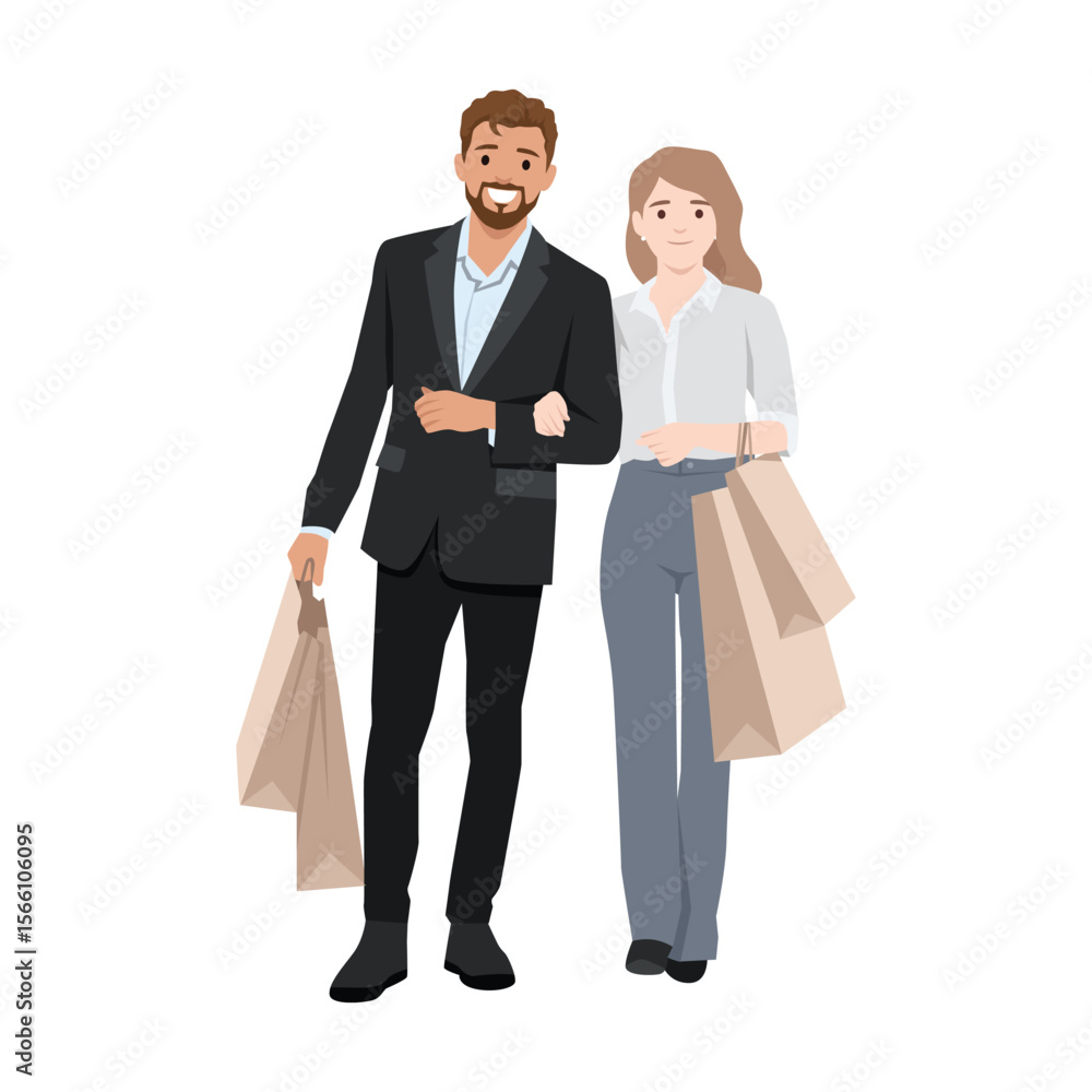 Happy Couple Enjoying a Shopping Day. Flat vector illustration isolated on white background Happy Couple Enjoying a Shopping Day. Flat vector illustration isolated on white background