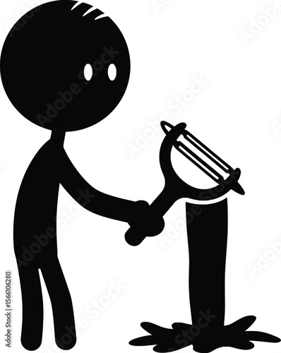 Cooking Action with Stick Man Using Kitchen Tool in Vibrant Kitchen Environment - Vector Illustration