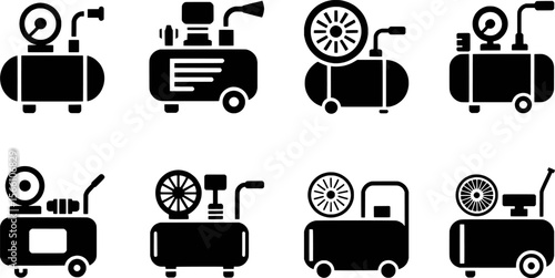 Black compressor icons with gauges and wheels air compressor