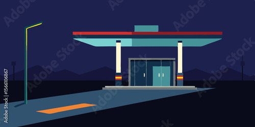A Deserted Gas Station On A Highway At Night Lit By Flickering Lights