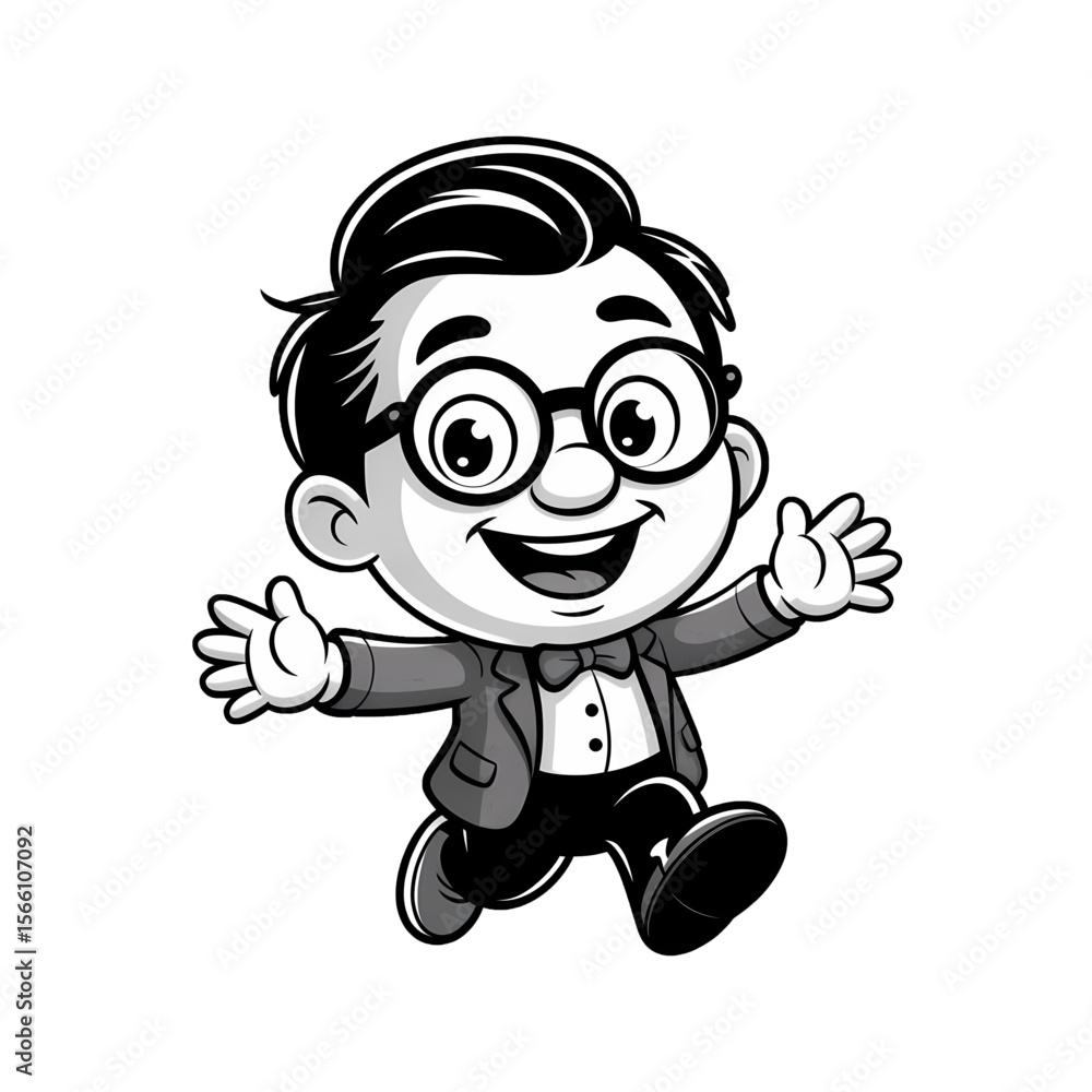 Fototapeta premium Charming young boy in glasses and bow tie joyfully running with open arms in a black and white illustration