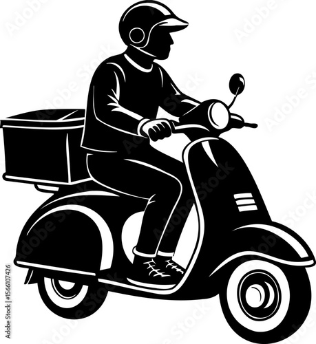 Delivery person riding scooter with helmet and box on back, silhouette style illustration showing motion and urban transport concept
