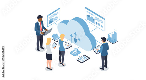 Cloud computing teamwork vector illustration for business and technology communication design in flat isometric style
