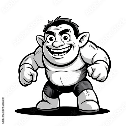 Strong cartoon ork character with a playful grin stands confidently, showcasing muscular arms in a bold pose