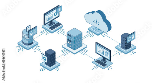 Isometric server network vector illustration for cloud computing and data management design