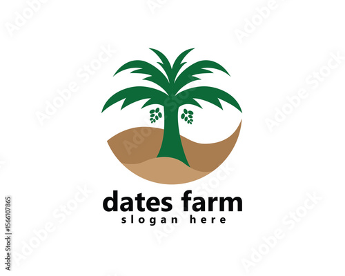 creative dates farm logo, hills with date palm trees in the middle, logo design inspiration