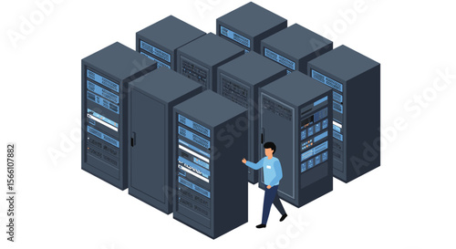 Data center management vector illustration - isometric style design for technology print or poster