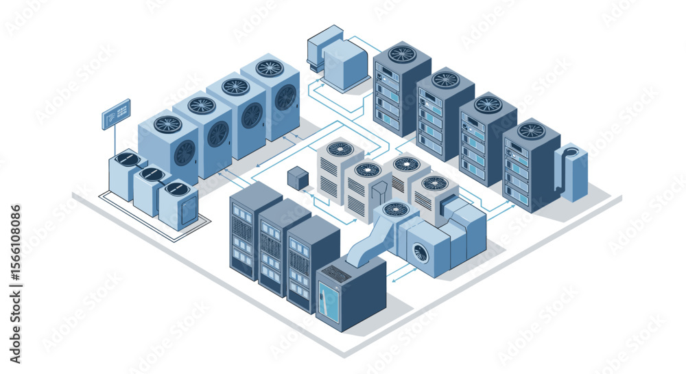 Naklejka premium Isometric data center cooling system vector illustration for tech design