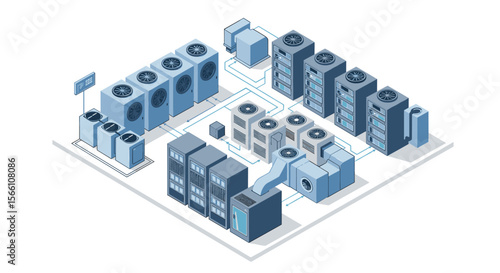 Isometric data center cooling system vector illustration for tech design