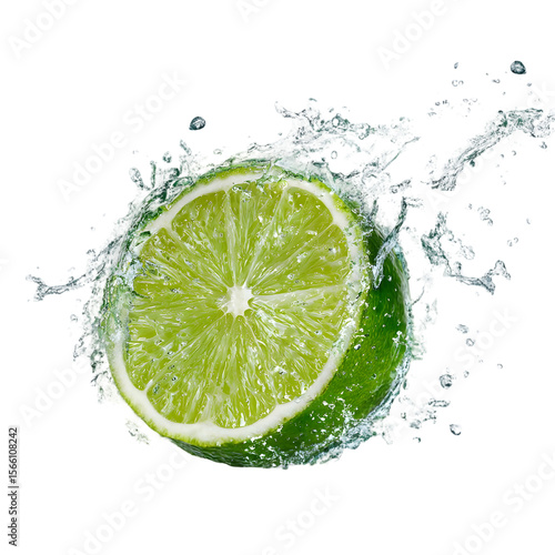 Fresh lime slice splashing through water droplets isolated on transparent background