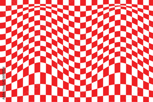Psychedelic checkerboard background. Retro wavy checkered wallpaper with a groovy distorted pattern. Abstract red and white vector design. Pattern abstract wave checkerboard background. eps 10