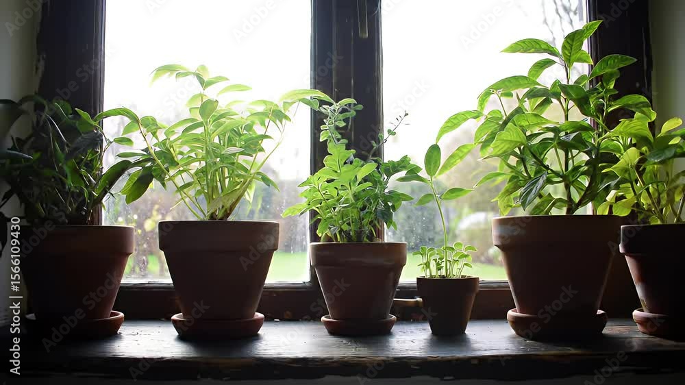 Green Potted Plants in Brown Pots on Windowsill with Background Bright Light and Person Outside Green Potted Plants in Brown Pots on Windowsill with Background Bright Light and Person Outside