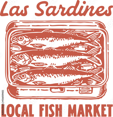 Las Sardines Local Fish Market – Three sardines in a tin can design with vintage typography, retro seafood packaging illustration