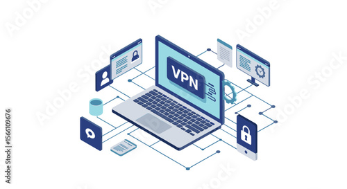 Isometric cybersecurity concept with vpn technology for secure digital communication - vector illustration