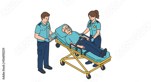 Emergency medical response vector illustration: paramedics assisting patient on stretcher in flat design for healthcare education