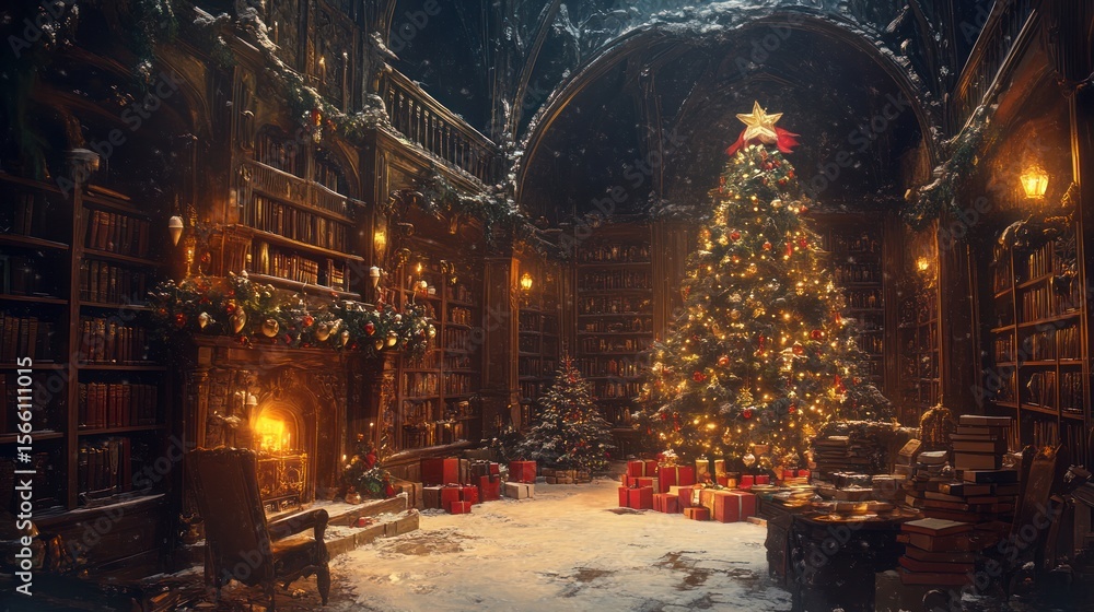 Naklejka premium Christmas tree in library decor